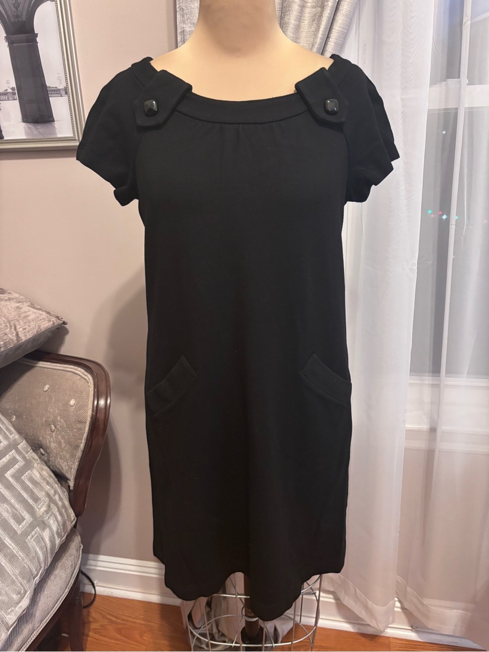 Tahari Arthur S. Levine Black Button-Shoulder Shift Dress with Pockets